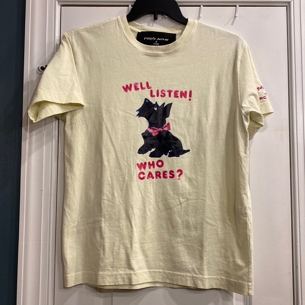 Marc Jacobs Pale Yellow Graphic Tee with Black Scottie and Pink Text